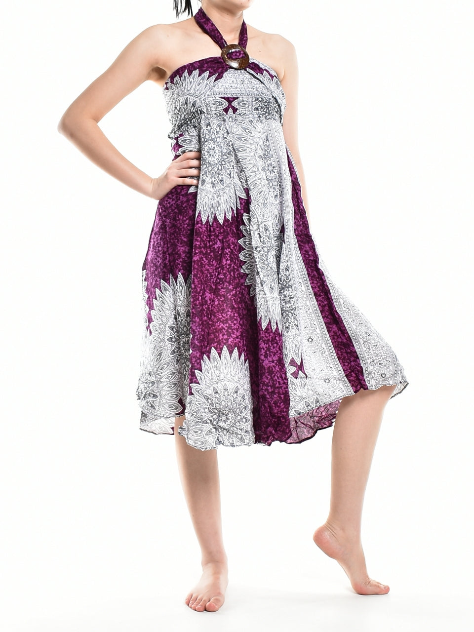 Bohotusk Purple Snowflake Long Skirt featuring a coconut buckle and smocked waist, styled elegantly for versatile wear.